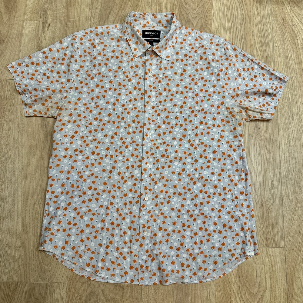 Bonobos Men's Slim Fit Stretch Print Short Sleeve Button-Up Shirt, Size L Floral